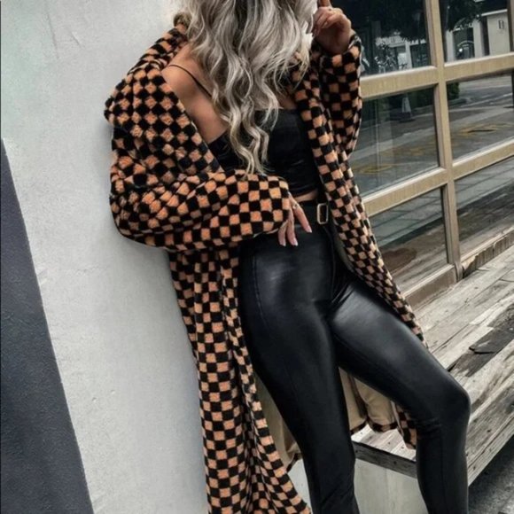Jackets & Blazers - PLAID CHECKERED VEGAN FUR COAT JACKET